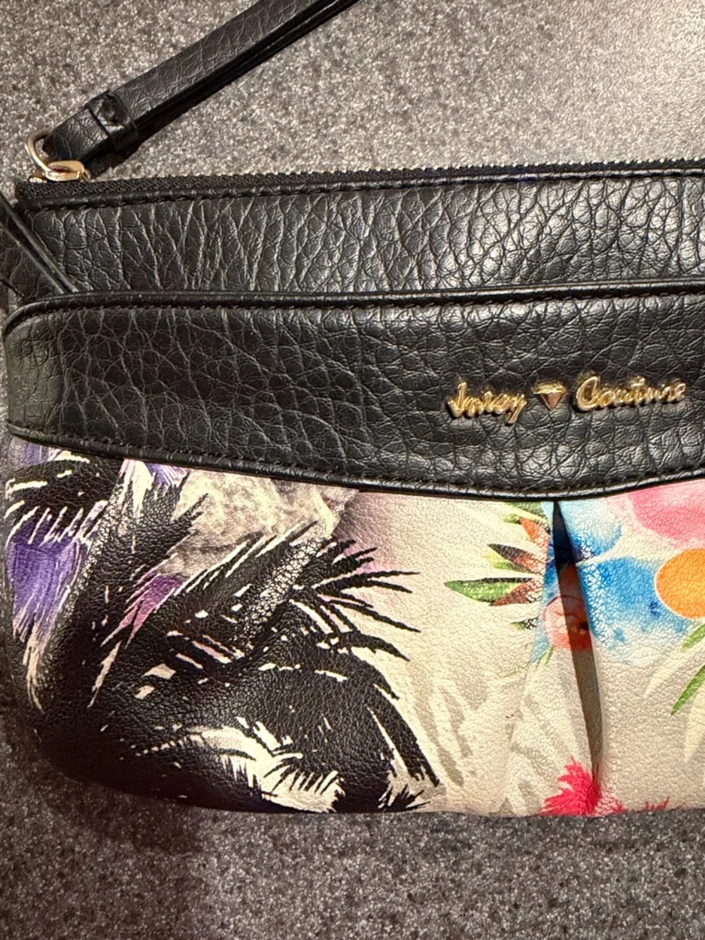 Juicy Couture Tropical Floral Wristlet Clutch Wallet Black Cream